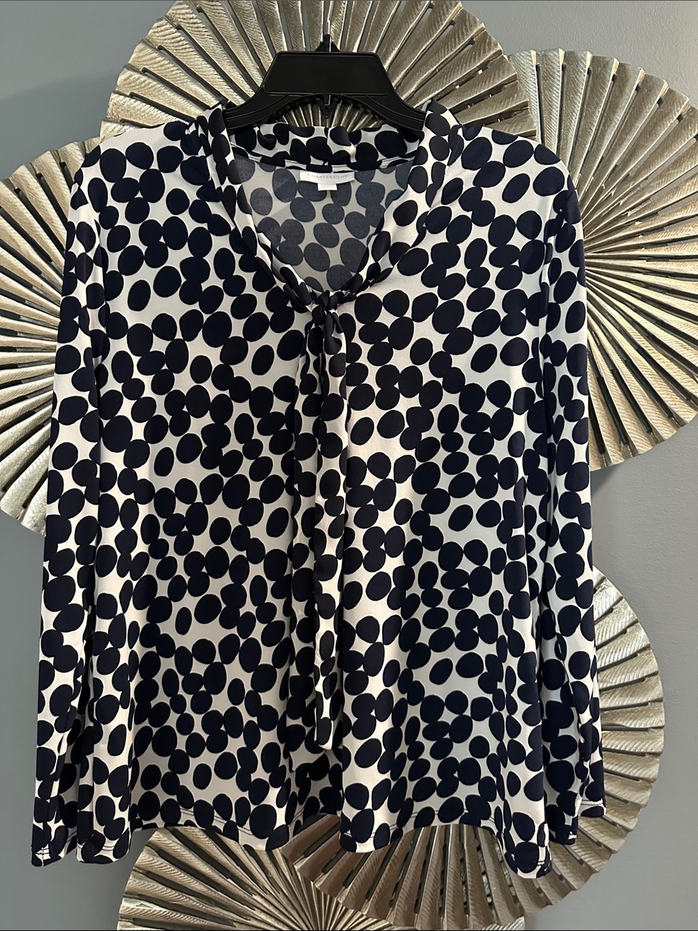 Charter Club Navy & White Polka Dot Tie-Neck Blouse